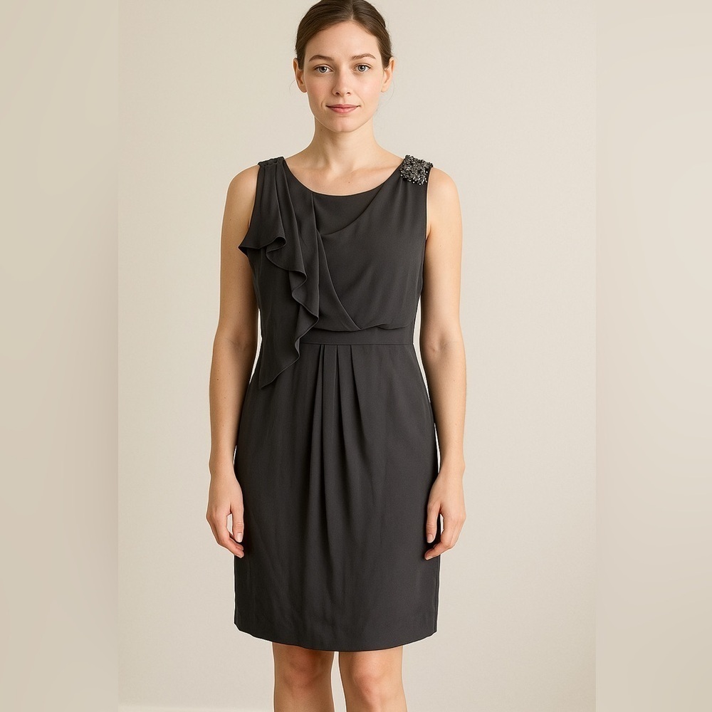 Cynthia Steffe Women Dark Gray Silk Shift Dress 10 Pleated Sleeveless Rhinestone